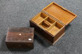 A Victorian rosewood jewellery box together with an antique oak sewing box with lift out basket