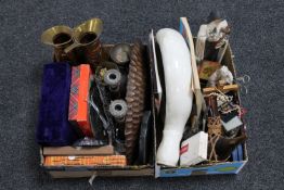 Two boxes of, religious figures, pipes, plated ware,