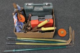 A box of vintage hand tools, cased power tools,