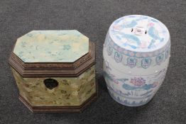 A glazed pottery oriental style drum stool and a storage casket