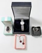 A lady's silver Art Deco style Rotary wristwatch and three further pieces of silver jewellery