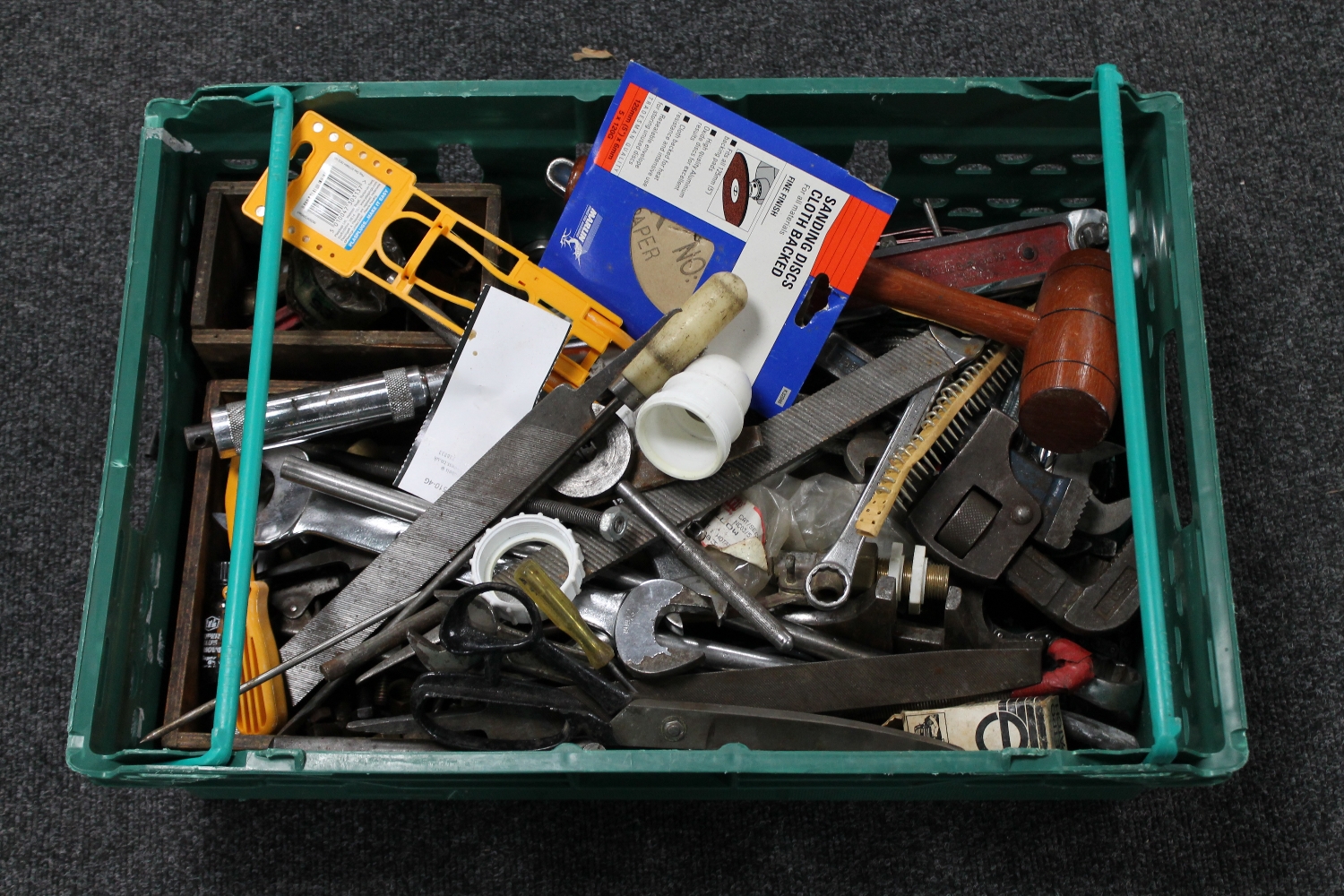 A crate of hand tools,
