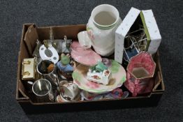 A box of trophies, battery operated carriage clock, Maling vase,