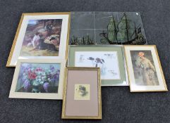A naval picture mirror and five assorted framed pictures