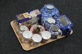 A tray of Wade whimsies, antique blue and white tea china, Maling Exhibition teapot (no lid),