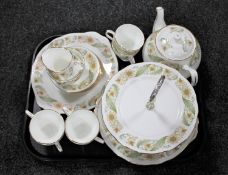 A tray of seventeen pieces of Duchess Greensleeves tea china including a cake stand