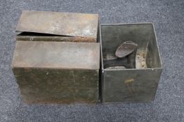 Three vintage tins together with a cobblers last