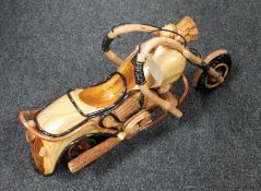 A hand built wooden motorcycle