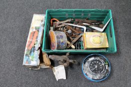 A crate of hand tools, vintage blow lamp, motorbike speedometer,