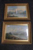 Two early twentieth century gilt framed oils on canvas depicting rowing boats on lake and cows