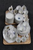 Two trays containing Adams blue and white tea and dinner china