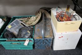 A plastic crate of hand tools, hard ware, cables, metal tool box,