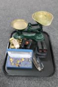 A tray of kitchen scales with set of five graduated weights, two sets of binoculars,