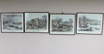 A set of four antique framed colour etchings depicting game shooting,