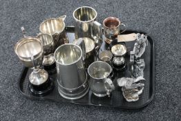 A tray of plated trophies, pewter tankards,