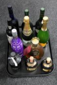 A tray of eleven assorted bottles of alcohol : brandy, port, Canton ginger liqueur,