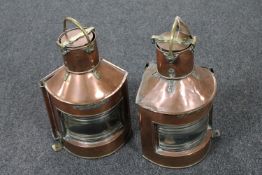 A pair of antique copper and brass ships lamps,