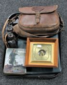 A tray containing a vintage Barbour repair kit in tin, antique leather fishing bag,