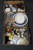 Three boxes of antique wash bowl, beer stein, china, table lamps,