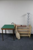 A set of pine shelves together with folding card table, wicker stick pot,