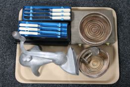 A tray of four plated and oak wine coasters, cased and boxed cutlery,
