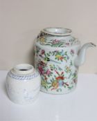 A nineteenth century Canton porcelain teapot (a/f) together with a Chinese blue and white pottery