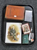 A tray of two Victorian portraits on glass, antique camera plates, Hummel miniature wall clock,