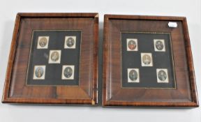 A pair of Victorian rosewood frames containing portrait miniatures of the Allied sovereigns and