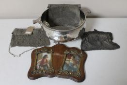 A silver plated Art Deco twin handled bowl together with a Victorian oak photo frame and three