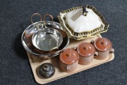 A tray of set of three copper bottomed twin handled bowls,