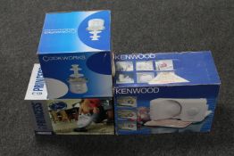 A boxed Kenwood meat slicer together with a Cookworks chocolate fountain and Princess hand vacuum