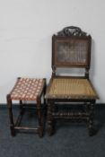 A carved Victorian bergere seated hall chair together with a leather webbed dressing table stool