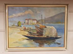 A continental oil on canvas - fishing boats on a beach, 113 cm x 83 cm, framed.