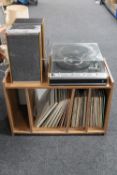 A Bush mid twentieth century record player with speakers on teak effect stand together with a large