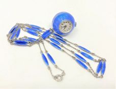 An early 20th century continental silver and guilloche enamel pendant ball watch on matching chain