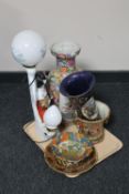 A tray of Geisha table lamp with glass shade, five pieces of Japanese pottery, three vases,