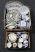 Two boxes of antique and later china, meat plate, tureen, glass cloche,