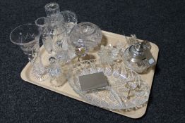 A tray of glass and crystal, hand bell, decanter, vases, rose bowl,