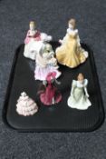 A tray of six china figurines to include Royal Worcester Golden Moments wedding anniversary figure,