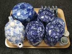 A tray of blue and white ware : three Calico Burleigh storage jars, Arthur Wood teapot,