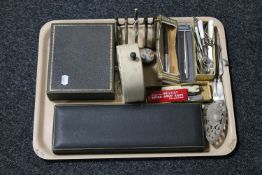 A tray of Smiths timing clock, cased plated teaspoons and servers, pen knives,