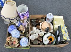 Two boxes of commemorative mugs, copper lustre jugs, china, tins,