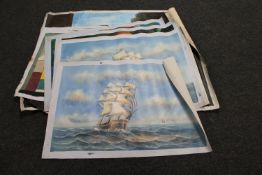 A roll of eight unframed oil on canvas depicting tall ships, fruit,