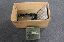 A box of Sony high fidelity headphones, electrical cables,