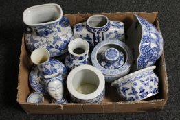 A box of Chinese blue and white glazed pottery to include planters, fruit bowls, vases,