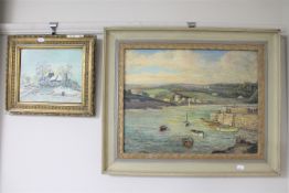 A framed oil on board, fishing boats in a harbour,