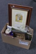 A box of picture mirror, pub wall clocks, stoneware bed warmer, Robert Olley print,
