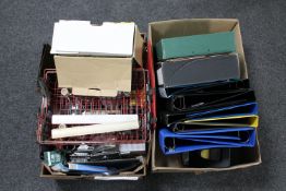 Two boxes of office equipment including trays, box files, clip files, paper shredder,