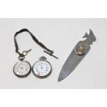 Two silver fob watches and a French metal book mark/paper knife inset with a watch (3).