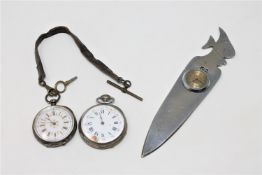 Two silver fob watches and a French metal book mark/paper knife inset with a watch (3).